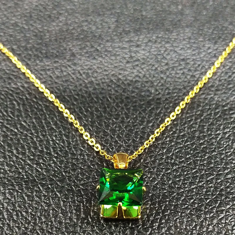 Модное с зеленым кристаллом цепочка из нержавеющей стали ожерелье s для женщин золотой цвет, геометрические формы ожерелье ювелирные изделия колье femme N18611