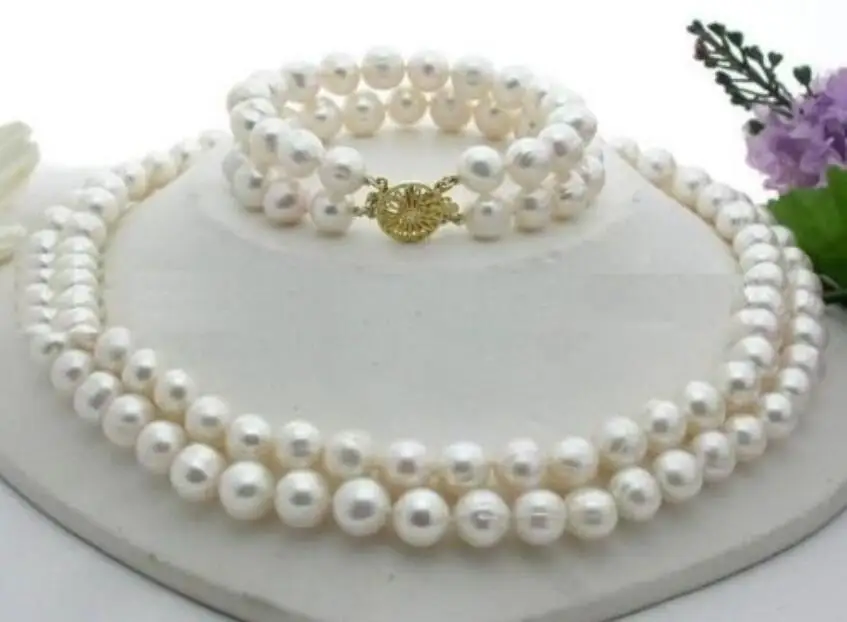 

Free Shipping >>>>ELEGANT 2 row 10-11mm natural akoya white pearl necklace 18" + bracelet 7.5-8