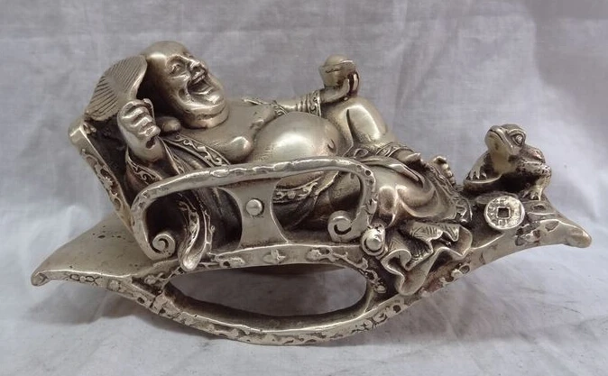 

JP S62 8" Chinese Silver YuanBao Coin Sleep Happy Laugh Maitreya Buddha Toad Statue Discount 35%