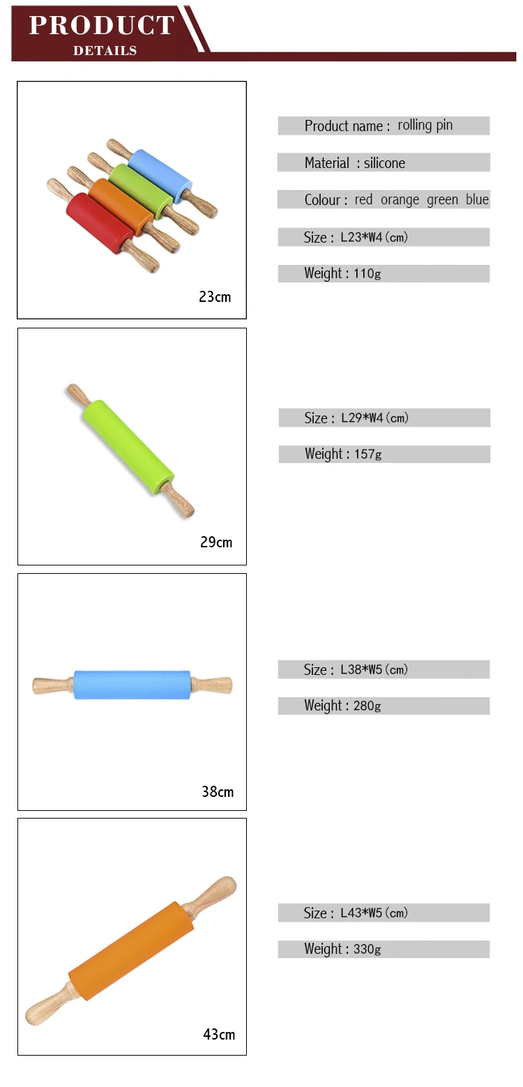 2 размера, 4 цвета, Силиконовые скалки для теста, деревянная ручка, силикон, Скалка, инструменты для выпечки