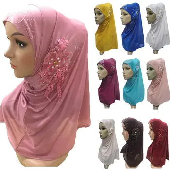 

One Piece Amira Hijab Flower Head Scarf Muslim Women Beads Shawl Wrap Islamic Head Cover Prayer Hijabs Headscarf Arab Cap Hats
