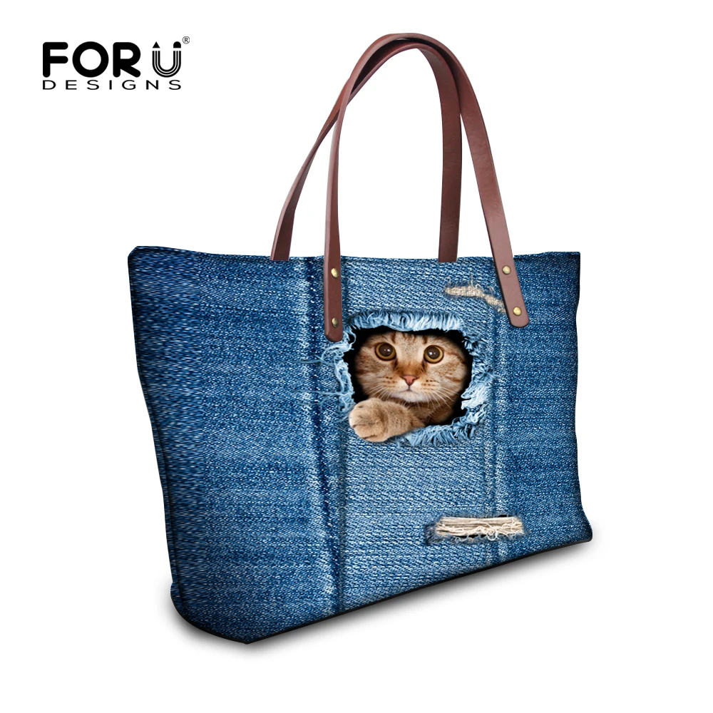 Womens Handbag Purse Wallet Cross Body Messenger Shoulder Bag Blue Denim Cat Dog