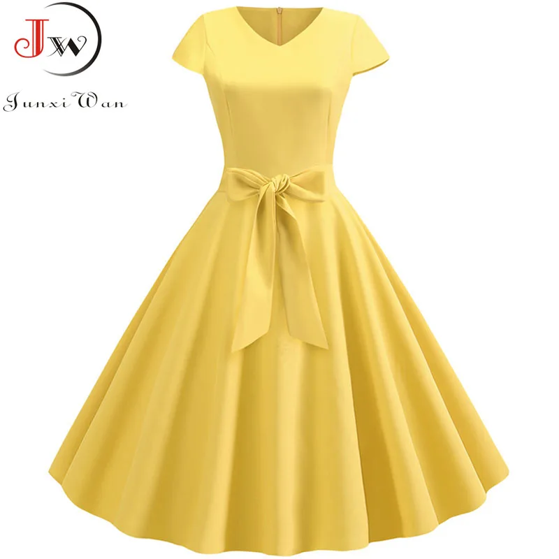 Желтое однотонное летнее платье в винтажном стиле, женские платья в стиле рокабилли, элегантное платье размера плюс, Повседневные Вечерние Платья Миди Vestidos