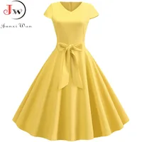 Yellow Solid Color Summer Dress Vintage Women Swing Rockabilly Dresses Robe Femme Elegant  Casual Party Midi Vestidos