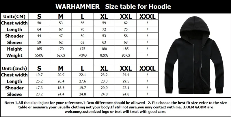 hoodie size by height and weight