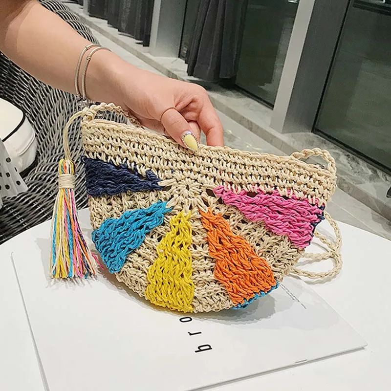 Женская Ретро полукруглая Простая цветная соломенная сумка дикая ...
