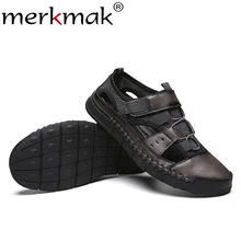Merkmak/летние открытые мужские сандалии; кожаная дышащая обувь в римском стиле; Уличная Повседневная мужская обувь на плоской подошве; однотонная мягкая мужская пляжная обувь