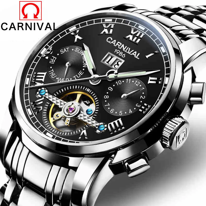 Карнавальные Мужские автоматические механические часы Tourbillon Мужчины Скелет