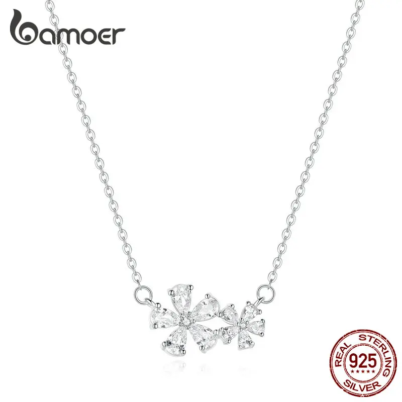 Bamoer, короткое прозрачное Кристальное ожерелье для женщин с маргариткой, Стерлинговое серебро 925, двойной цветок, колье, ожерелье, подарки на свадьбу, BSN088