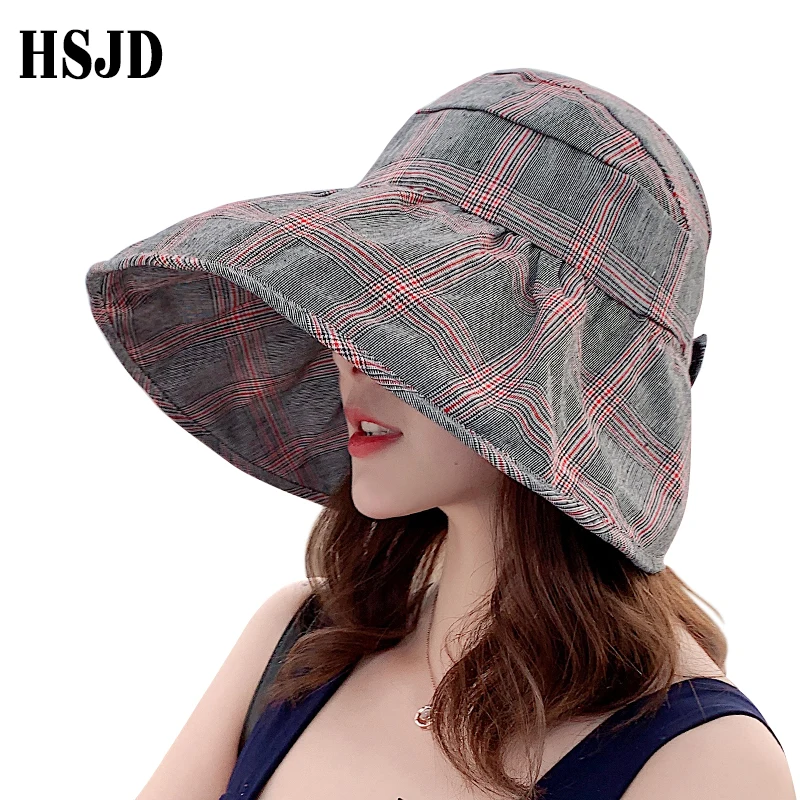 

Plaid Beach Cap Visor Empty Top Hat Female Summer Sunscreen Large Wide Brim Foldable Lattice Sun Hats Women Hats Summer 2019 New