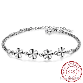 

925 Sterling Silver Lucky Four Leaves Clover Bracelet For Women Girl Gift Double Layer Chain Bracelet pulseira S-B221