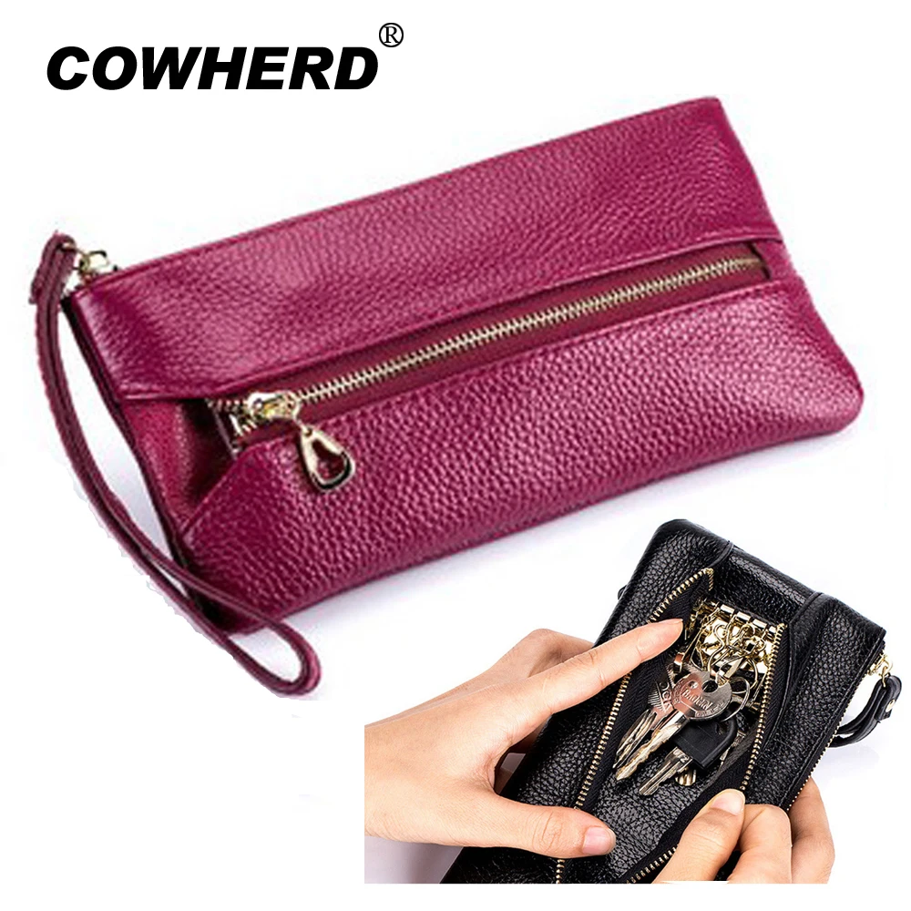 

Cowherd Women Genuine Top Layer Cow Leather Wallet Function Clutch Wristlet Keychain Purses Six Key Rings Housekeeper Phone Bag