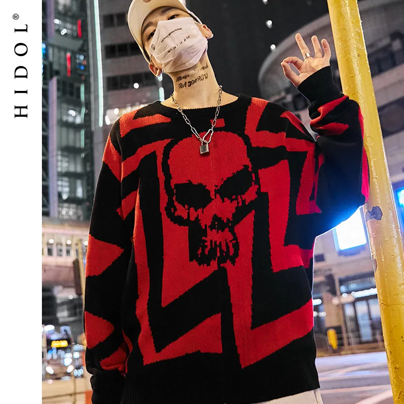 

Winter Oversize Contrast Color Patchwork Spliced Sweaters High Street Skull Pattern Wool Pullover Loose Cotton Coats Men Hip Hop