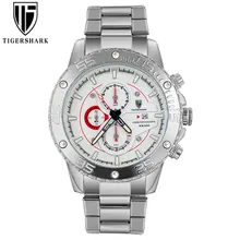2016 new TIGERSHARK brand luminous silver dial watches men sport chronograph 30M waterproof date stainless steel