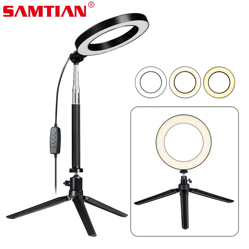 

Samtian 6 inch LED Ring Light with Stretchable Tripod Stand Selfie Stick Dimmable Table Circular light for Selfie Makeup youtube