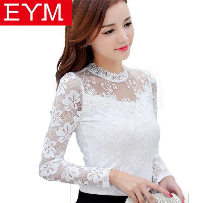 Blusa de encaje 2018 blusas de Mujer Camisas de elegante negro blanco ahueca hacia fuera Blusa de manga larga camisa Femme Tops s 5XL|Blusas y camisas| AliExpress