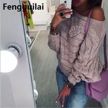 Autumn Knitted Sweater Winter Pullover Women Tops Loose V Neck Jumper Casual Clothes Femme off shoulder front flower Autumn Knitted Sweater Winter Pullover Women Tops Loose V Neck Jumper Casual Clothes Femme off shoulder front flower
