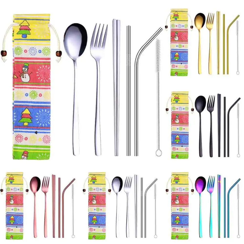 

Stainless Steel Dinnerware Set Metal Straw Spoon Fork Chopsticks Tableware 6 Pcs #4A25