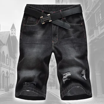 

Free shipping Summer thin loose plus size men's black denim shorts Knee Length Lightweight Straight Jean size 32-48 with hole