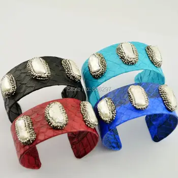 

Fashion 3Pcs Mixed Color Snakeskin Nature Pearl With Pave Crystal Rhinestone Wholesale Snakeskin Leather Bangle