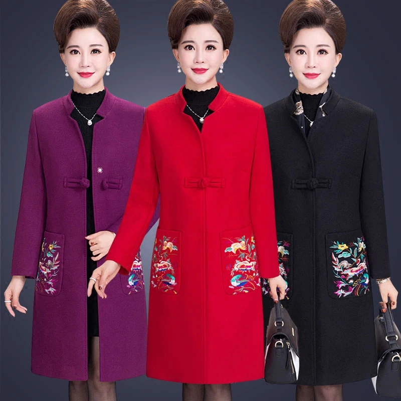 À Mandarin Mode Veste Style Chinois Mince rouge Manches Longues Femelle Manteau Col D'hiver De Laine Feminino pourpre Femmes Noir Pardessus BB8xnWq