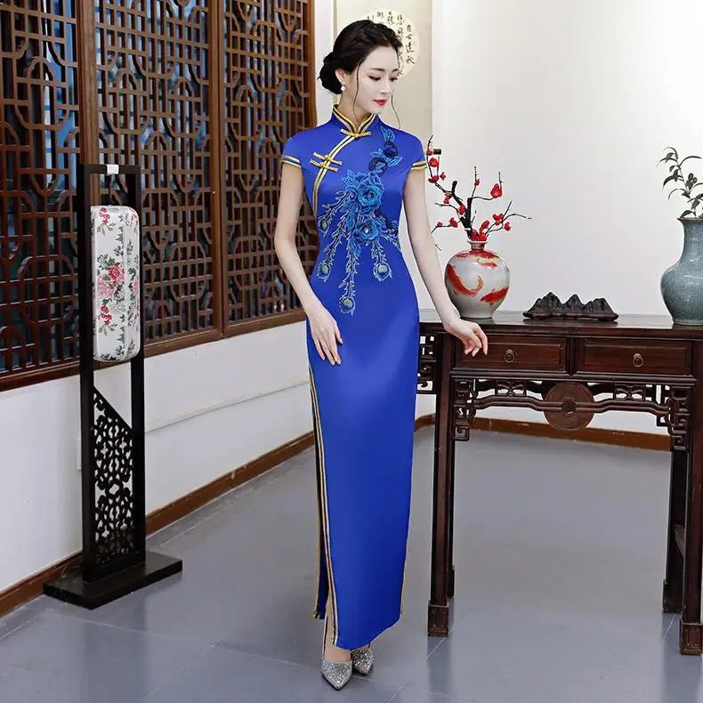 Пикантные тонкие длинные вечерние ongsam платье китайский стиль Свадебные Ретро Женские брак Qipao модная женская одежда Vestidos S-XXL - Цвет: Navy Blue