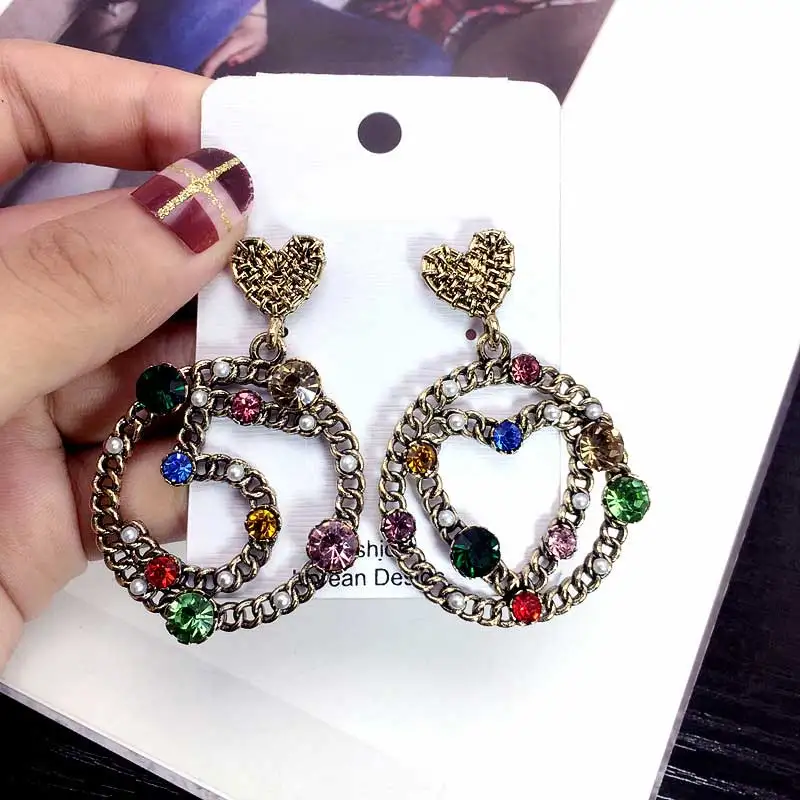 

New asymmetric heart type digital 5 earrings Colorful crystal rhinestone pearl temperament earring for woman