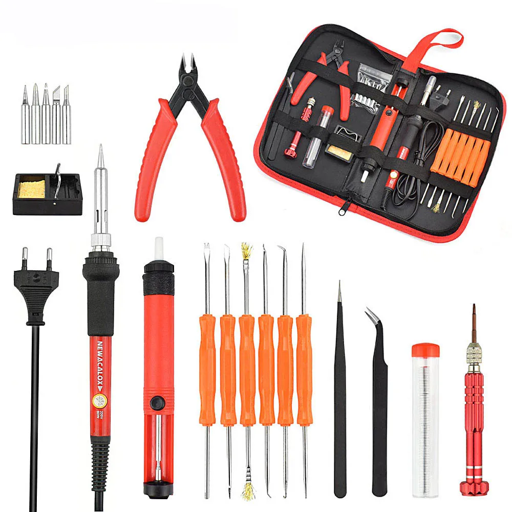 NEWACALOX EU 220V 60W Thermoregulator Soldering Iron Kit Screwdriver Desoldering Pump Tin Wire Pliers Welding Tools Storage Bag NEWACALOX EU 220V 60W Thermoregulator Soldering Iron Kit Screwdriver Desoldering Pump Tin Wire Pliers Welding Tools Storage Bag