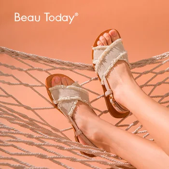 

BeauToday Gladiator Sandals Women Kid Suede Genuine Leather Denim Tassels Slingback Straps Ladies Summer Beach Flat Shoes 32146