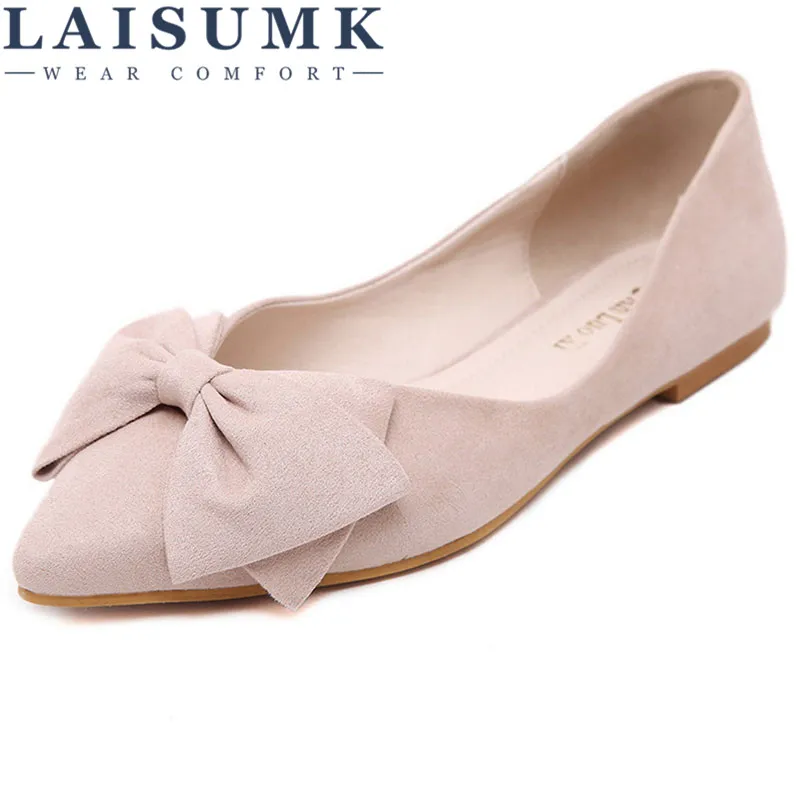 

2019 LAISUMK Lady Ballet Flats Sweet Bow Pointy Toe Women's Flats Solid Flock Ballerina Flat Shoes