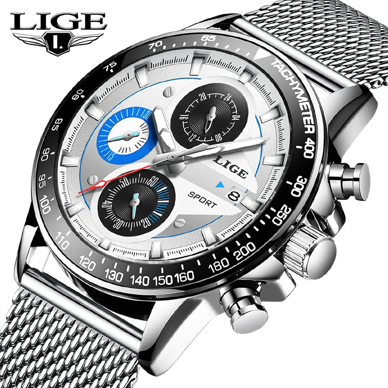 

LIGE Men Watch Brand Luxury Casual Quartz Watches Men's Fashion Full Steel mesh belt Waterproof Sport Chronograph Relogio Mascul