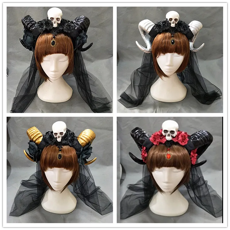

Hot Sale Gothic Demon Evil Lolita The veil Skull Cosplay Costumes Sheep Horn Headband Hairband Accessory Halloween Headwear Prop