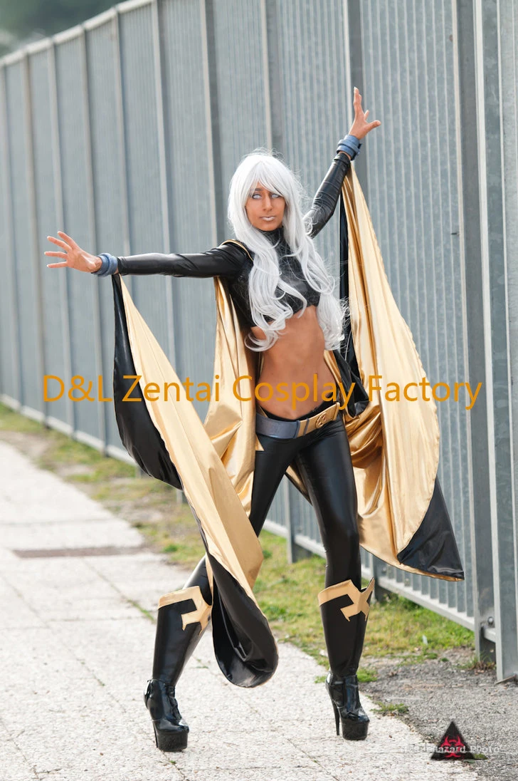 DHL X-men Storm Ororo Munroe костюм супергероя черный и золотой блестящий металлический костюм Хэллоуин Косплей Костюм XM111