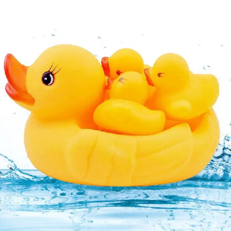 4Pcs Baby Bath Bathing Toy Rubber Race Squeaky Yellow Duck 1 Big 3 Small Filmy
