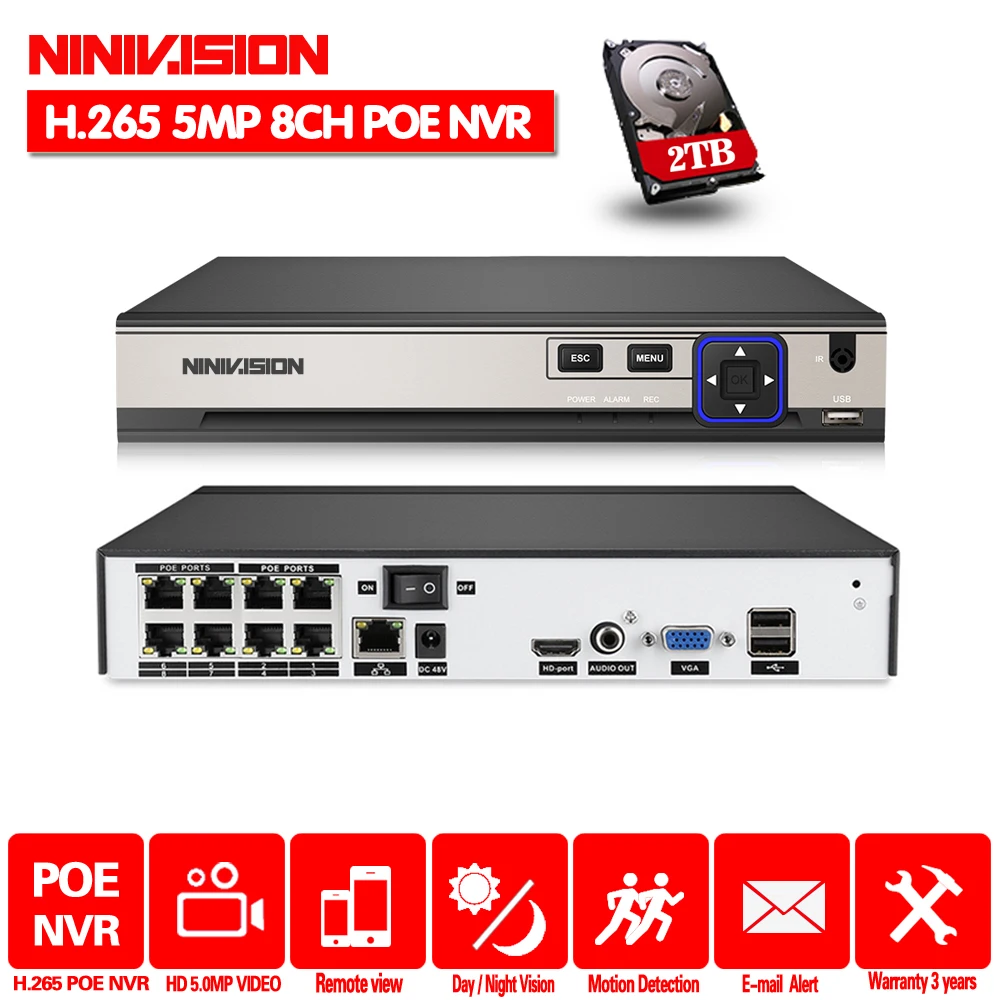 H.265 H.264 POE IP CCTV NVR безопасности видеорегистратор 8CH 8CH 4MP 4CH 5MP PoE NVR IEE802.3af для ip-камеры с питанием по POE