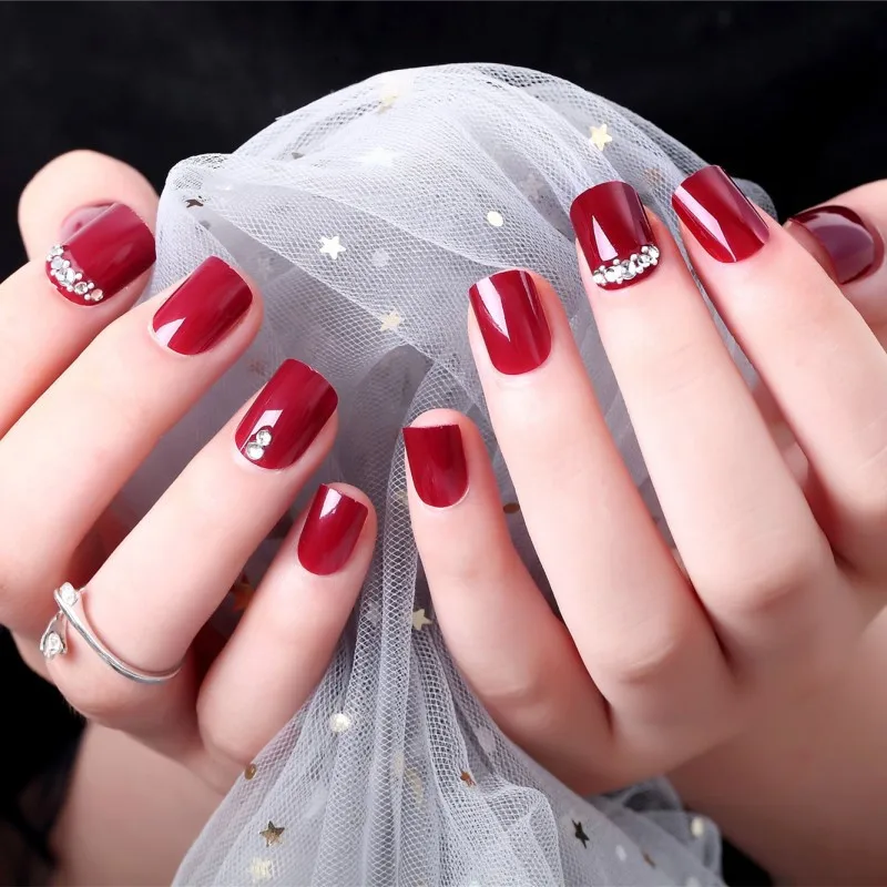 24pc Punk False Nails Full Cover Artificial Full Diamond Design Square Fake Nails Press On Nail Tips Short Nail Art Tip Wine Red False Nails Aliexpress