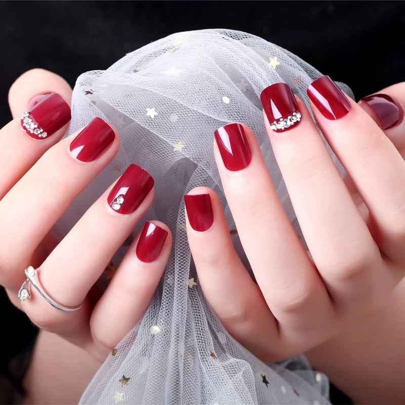 24pc Punk False Nails Full Cover Artificial Full Diamond Design Square Fake Nails Press On Nail Tips Short Nail Art Tip Wine Red False Nails Aliexpress