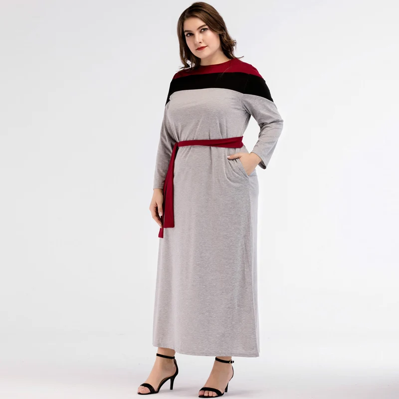 

Women Fashion Abaya Dubai Muslim Dress Kaftan islamic dresses abayas Slim waist with Sash Pockets Grey vestidos 3XL 4XL