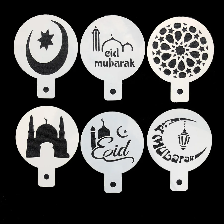 1 комплект PET Mosque Eid Mubarak Рамадан украшения Дизайн трафареты для кофе лазерные украшения торта инструменты Рамадан вечерние украшения - Цвет: 6pcs