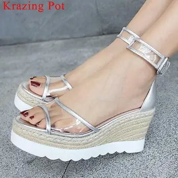 

Krazing Pot cow leather transparent pvc patchwork wedges platform buckle strap peep toe straw decoration increased sandals L13