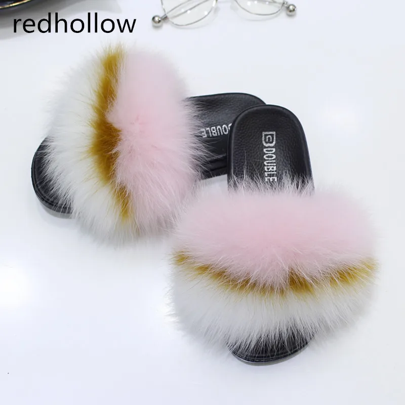 

Women Fur Slippers Luxury Real Fox Fur Summer Beach Sandal Shoes Fluffy Comfy Furry Flip Flops Comfortable Hairy Slipper Sandals