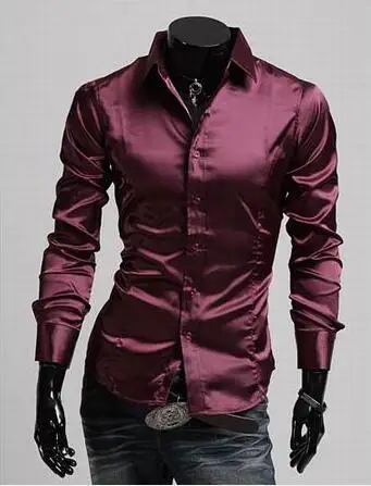Новые мужские рубашки, мужские Искусственные Шелковые повседневные Роскошные платья, стильная рубашка, мужская мода, фиолетовая, черная, винно-красная одежда