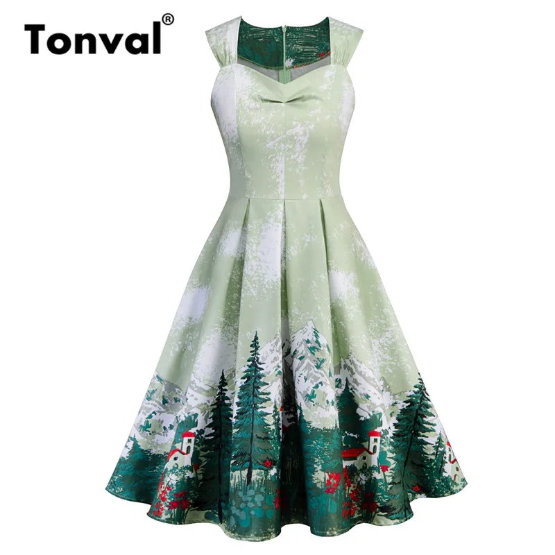 Tonval рокабилли Винтаж зеленый комплект из двух предметов для женщин горы и дерево печати плиссированные платье и пальто 2 шт. наряды