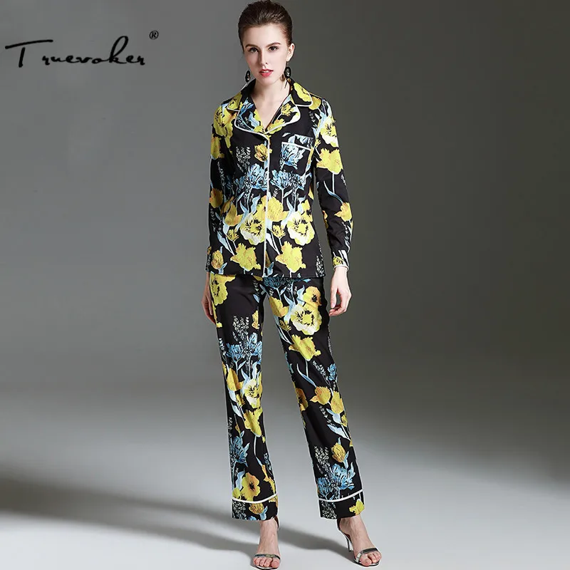 Truevoker Designer de Verão Pijamas Set das Mulheres de Alta Qualidade Manga Comprida Flor Amarela Impresso Blusa + Calça Terno Longo
