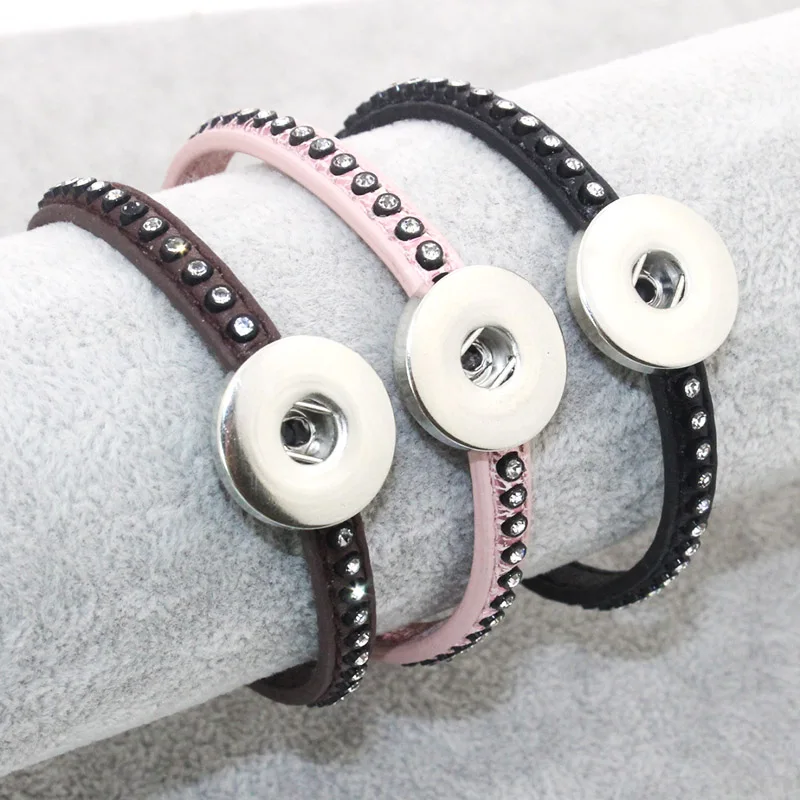 

21CM Magnet buckle leather bracelets fit 18mm snap jewelry button leather women Rhinestones Bracelet Snap Button jewery 2447