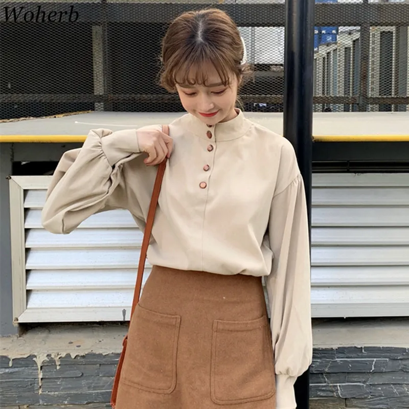  Woherb Summer Korean 2020 Solid Blouse Women Vintage Lantern Sleeve Tops Long Sleeve Shirts Elegant