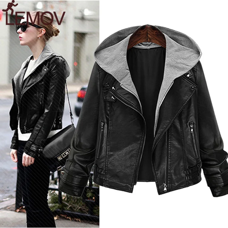 

Europe American Women's Leather Jacket Large Size Female Thin Hooded Long-sleeved Leather Women Short Coat Hot Sale