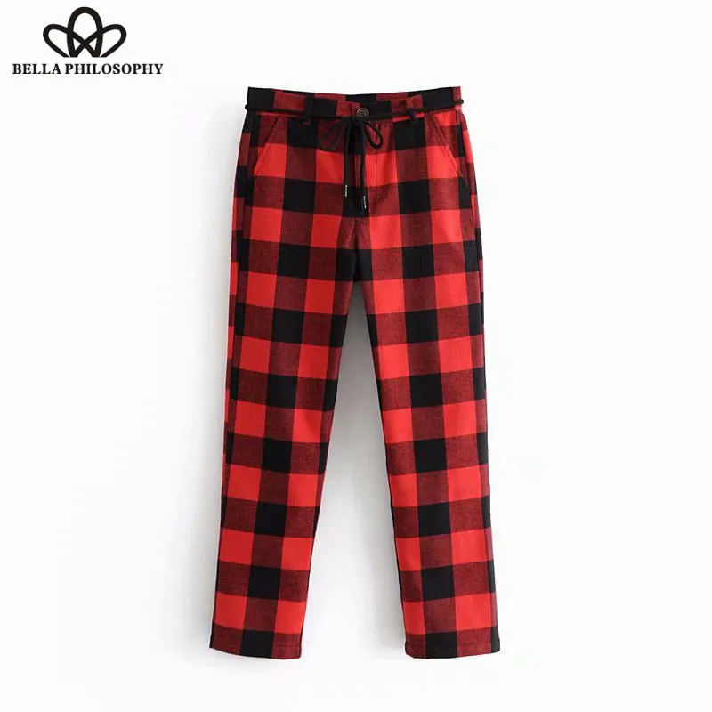 Wonder Spring Lace-Up Plaid Long Pants Vintage Pockets Female Loose Harem Pants Casual Street Wear Lady Pants Bottoms 2019