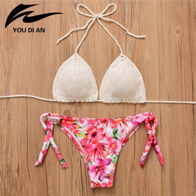 Sexy Crochet Bikini set mujer Halter Swimwear Women Knitted Swimsuit Brazilian Bikini Biquini Bathing Suit bikinis 2019 thong