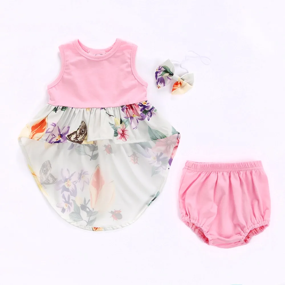 Puseky 0-24 м 3 шт./компл. модные для маленьких девочек нерегулярные подол цветочный платье + шорты + бант повязка лето для малышей Одежда